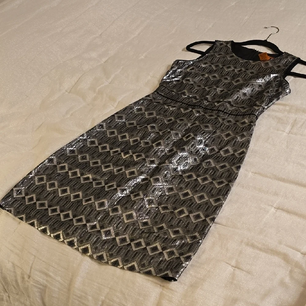 Tory Burch Metallic Silver and Black Mini Dress EUC